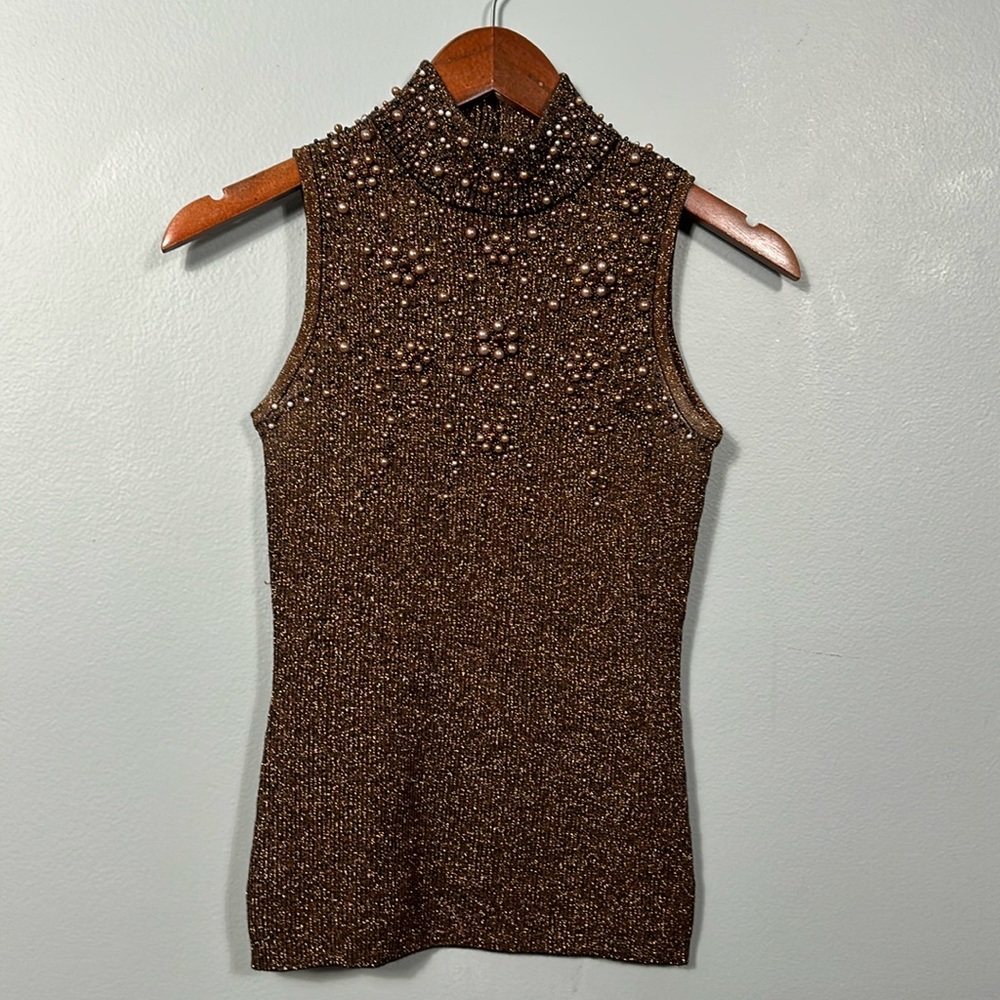 Vintage Brown Pearl beaded mock neck sleeveless top size Small